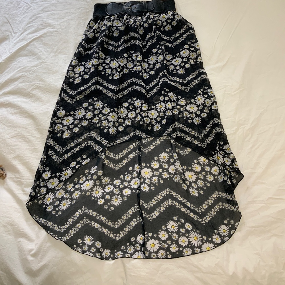 Belted high-low sunflower skirt